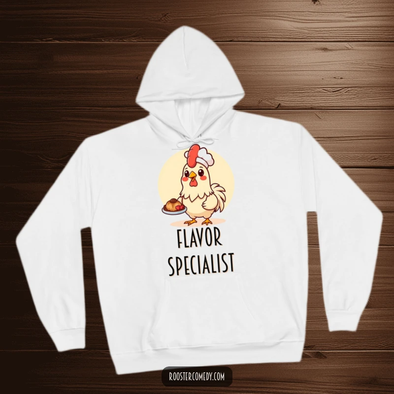 Funny Kawaii rooster wearing a chef hat, presenting food, featured on a cozy hoodie.