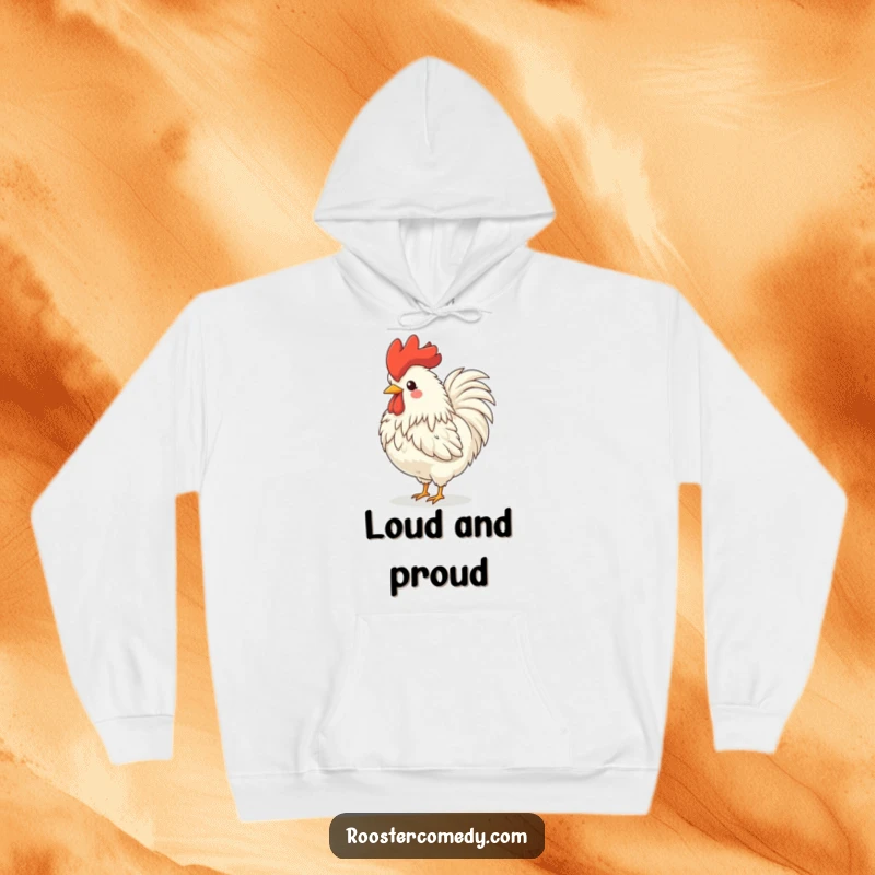 Funny rooster hoodie, featuring a fluffy bird with a big comb crowing gleefully, head back in a triumphant sound.