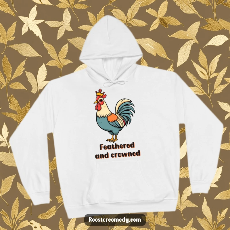 Funny Rooster hoodie featuring a proud bird wearing a small crown, embodying a majestic and humorous sense of leadership. Cozy and stylish.