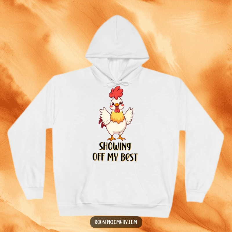 Funny hoodie with a rooster enthusiastically fanning its tail feathers with a big grin, exuding pride and confidence in a warm design.