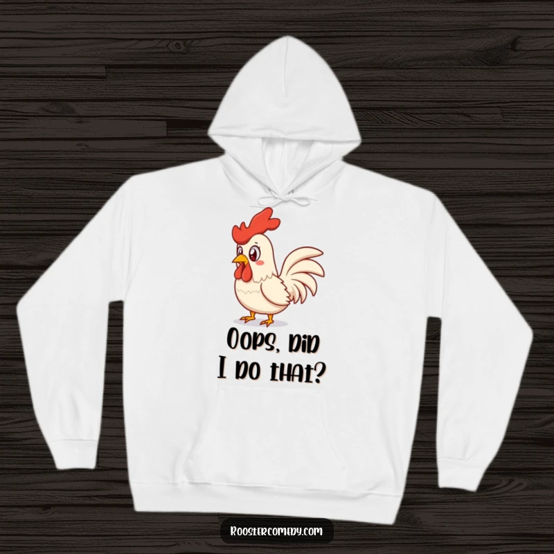 Funny surprised rooster hoodie, illustrating a startled chicken caught in a loud squawk with eyes wide and feathers askew.