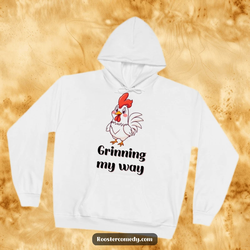 Funny Rooster hoodie featuring a rooster in a race with a wide, goofy grin, showing pure exhilaration and humorous determination.