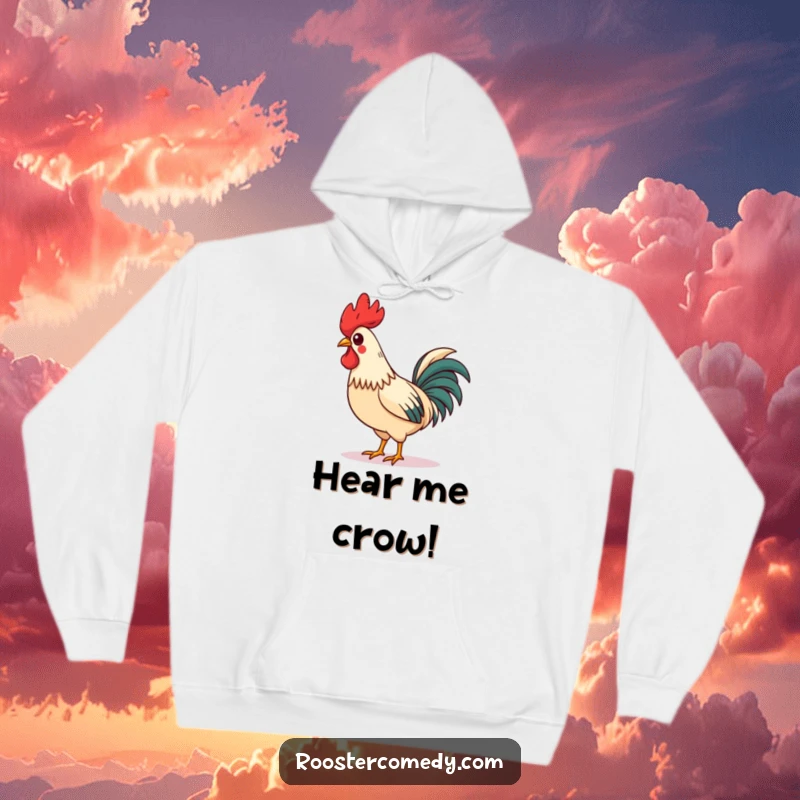 Funny Hoodie depicting a charming rooster with a jaunty, askew comb, whistling merrily while showcasing a proud strut, perfect for bird lovers.