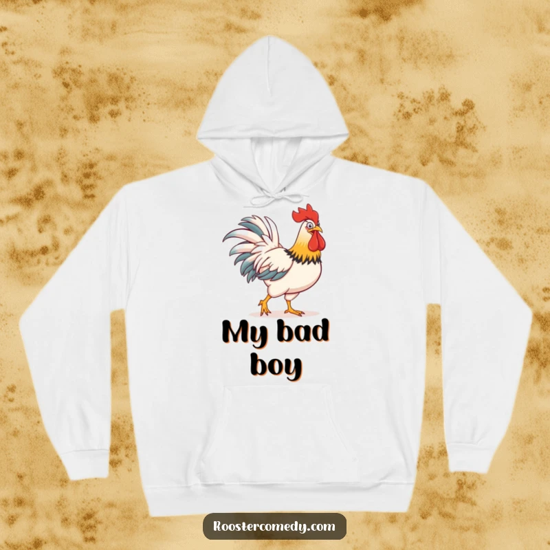 Funny hoodie showcasing a rooster with a comically large, exaggerated comb, strutting confidently and humorously.