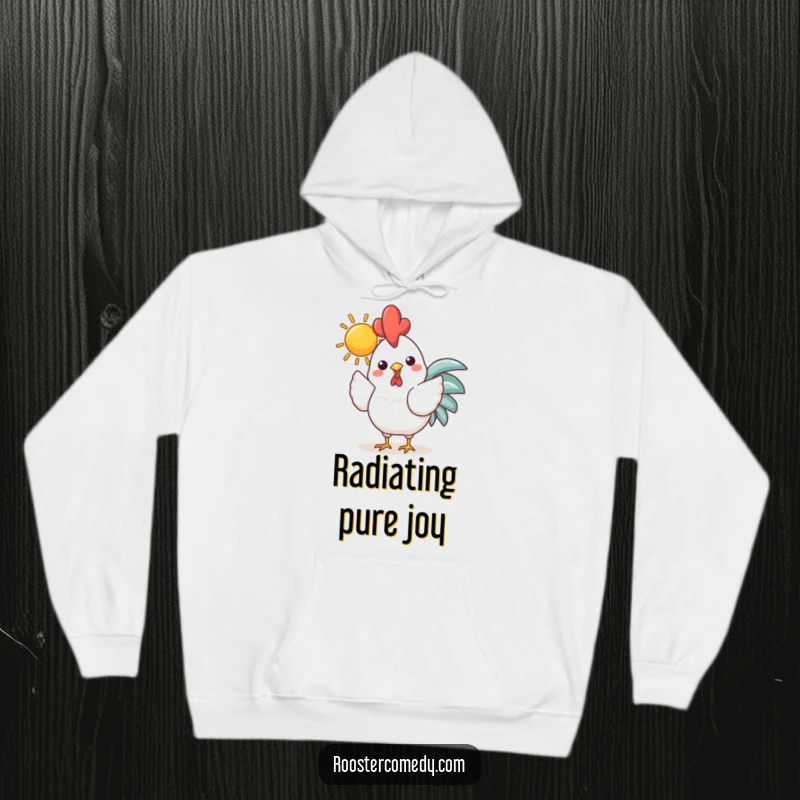 Funny Kawaii Rooster Sun Hoodie: Cheerful chicken holding a bright sun in its beak, bringing warmth and happiness, comfortable and cozy.