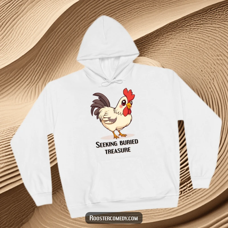 Funny curious rooster hoodie, a cozy sweatshirt featuring a rooster with bright, curious eyes pecking the ground.