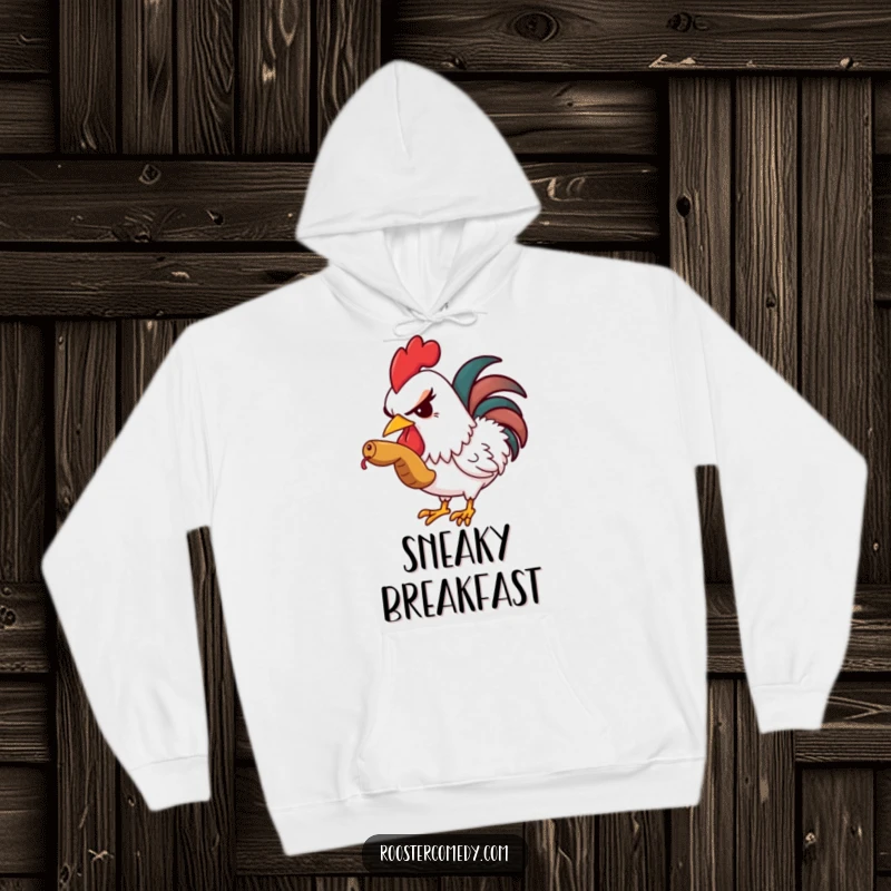Funny hoodie featuring a rooster winking as it eats a worm, perfect for cozying up with a mischievous vibe.