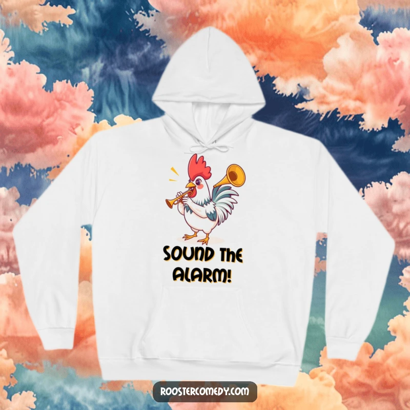 Funny rooster hoodie design showing a proud bird tooting a small trumpet, ready for a musical fanfare.