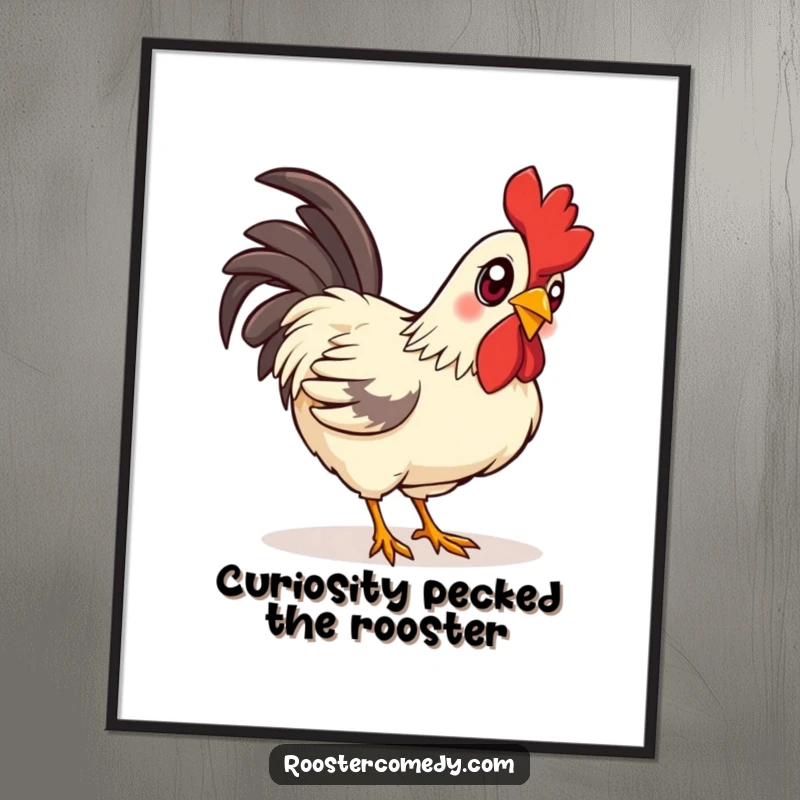 Funny Free Printable Wall Art: A rooster with bright, curious eyes focused on pecking the ground, capturing a moment of exploration.