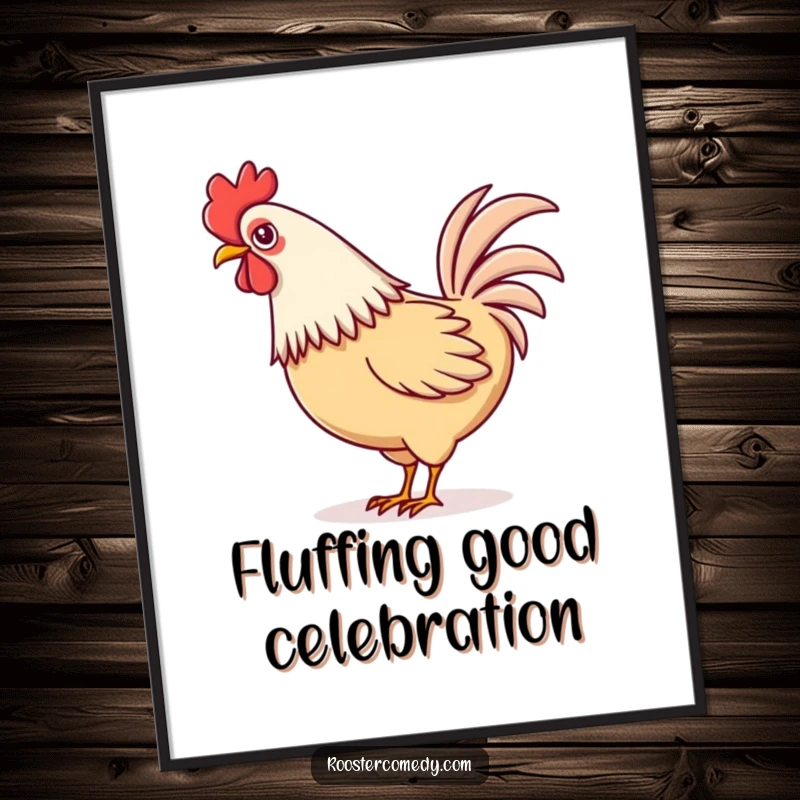 Free Printable Wall Art of a happy Kawaii rooster playfully wagging its vibrant tail feathers, adding a cheerful touch.