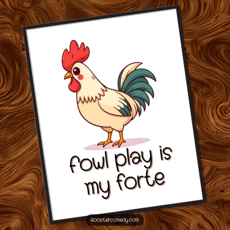 Funny Free Printable Wall Art: A charming rooster proudly struts with his comb askew, whistling a happy tune.