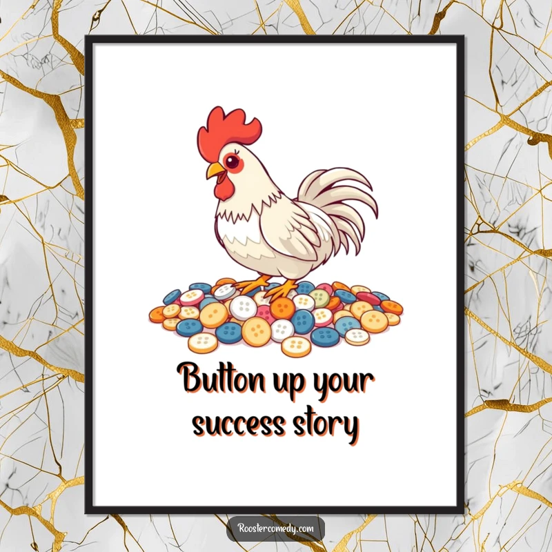 Funny Free Printable Wall Art: A rooster intensely pecking at a pile of colorful, shiny buttons.