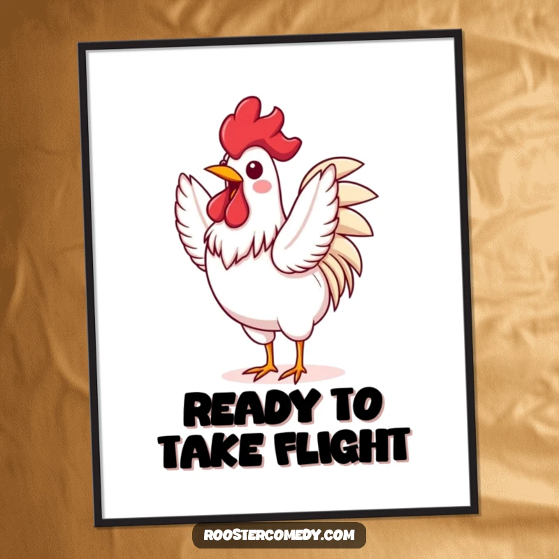 Funny Free Printable Wall Art: A rooster flapping its wings vigorously, radiating pure excitement and playful energy.
