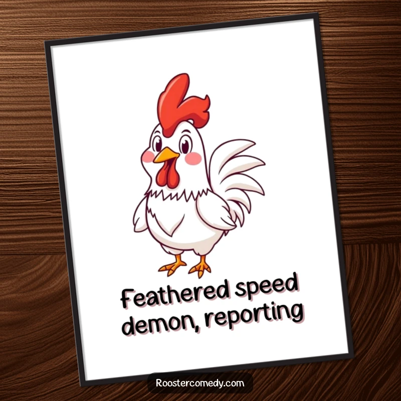 Funny Free Printable Wall Art: A rooster in full race, sporting a wide and goofy grin, adding lively fun to any space.