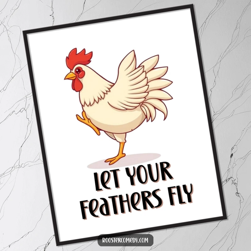 Funny Free Printable Wall Art: A rooster dances with wild leg kicks and flapping wings, a picture of pure, unadulterated fun.