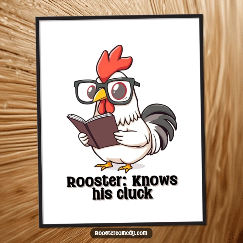 Funny Free Printable Wall Art: A distinguished rooster wearing oversized glasses, intently reading a tiny book, exuding scholarly charm.