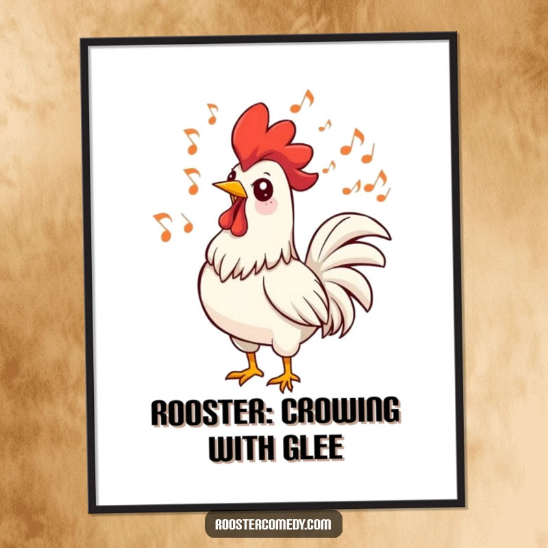 Funny Free Printable Wall Art: A lively rooster singing its heart out, with musical notes dancing around its head in a joyful display.