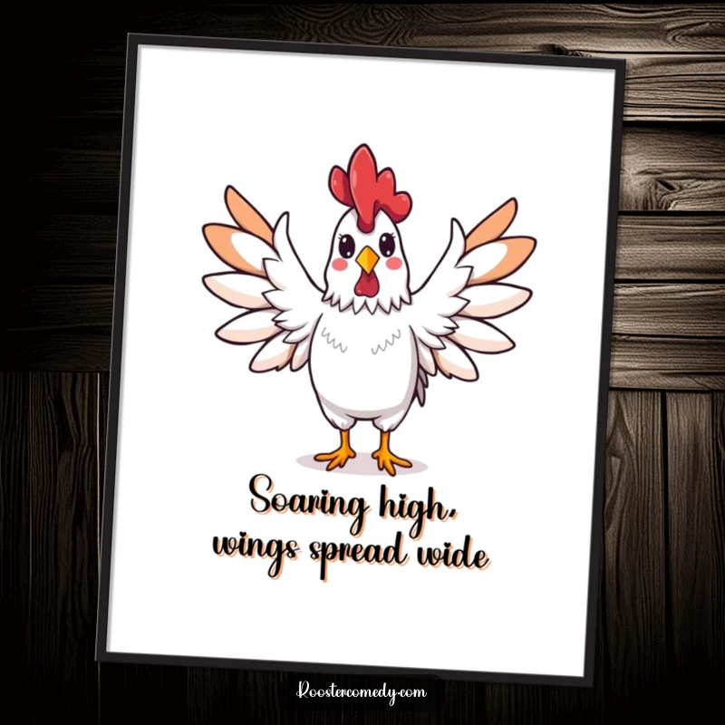 Funny free printable wall art of a rooster spreading its wings wide in a powerful, triumphant, and majestic gesture.