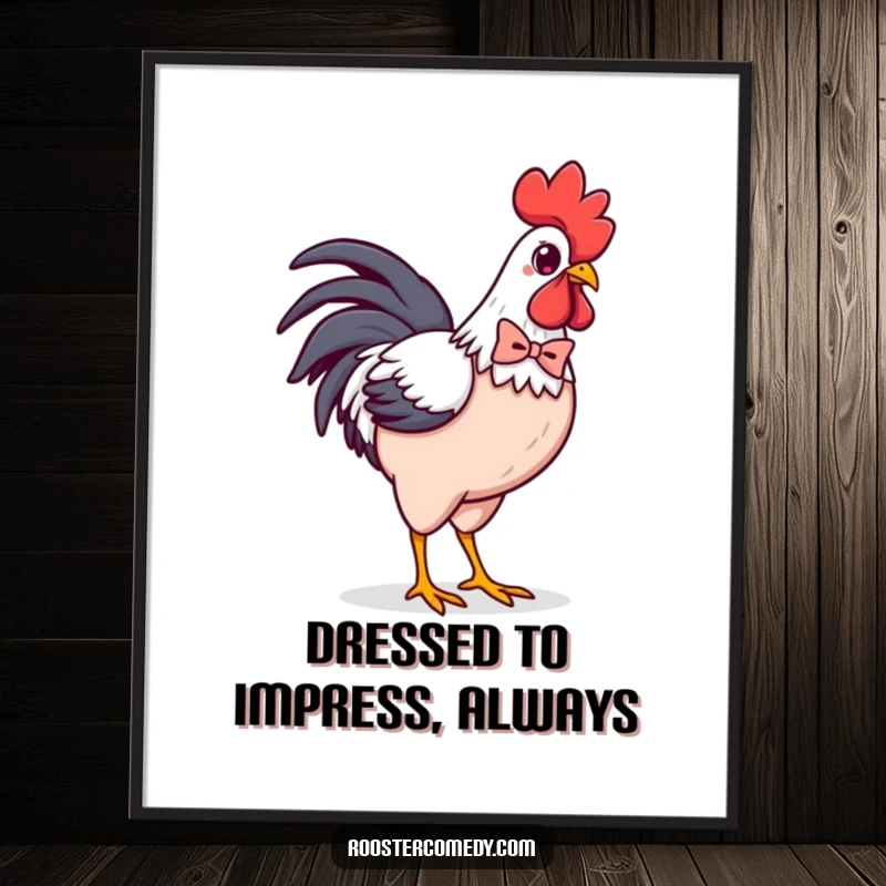 Funny Free Printable Wall Art: Confident Kawaii Rooster wearing a miniature bowtie, strutting with undeniable panache, a downloadable piece.