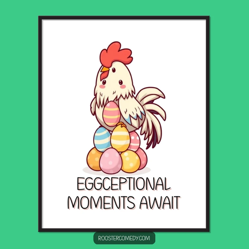 Funny Free Printable Wall Art: Kawaii Rooster Balancing Eggs, Unique Downloadable Decor