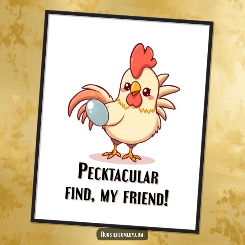 Funny Free Printable wall art: A kawaii rooster with big eyes intently pecking at a gleaming, shiny object, radiating comedic discovery.