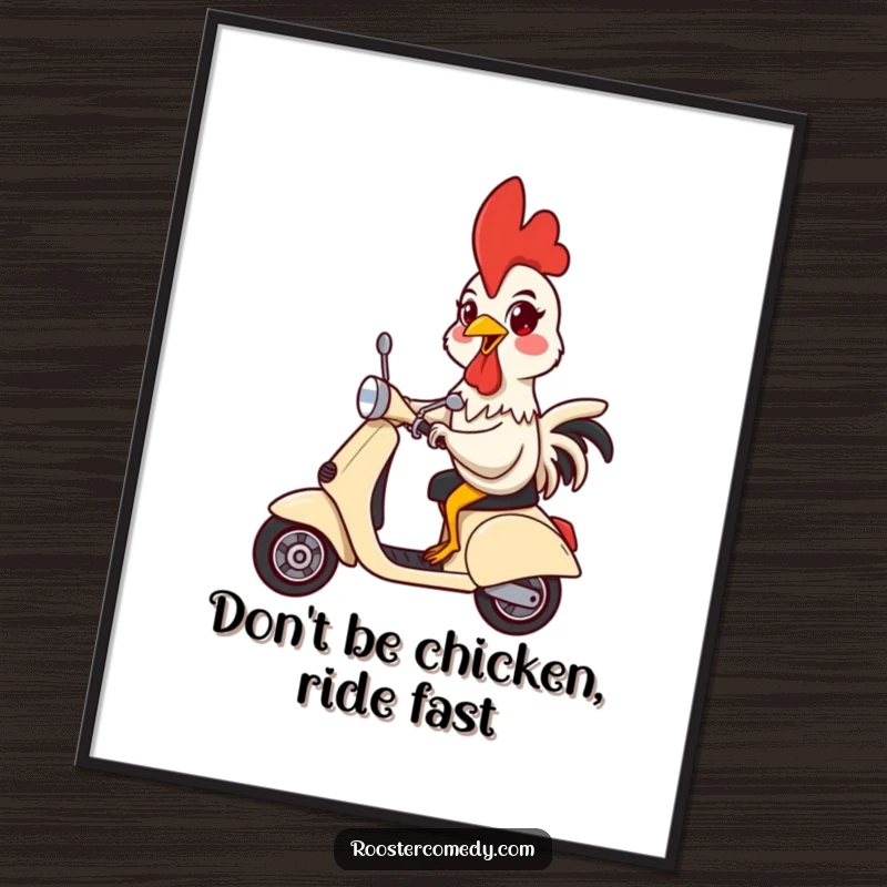 Funny free printable wall art: a rooster with a silly, exaggerated expression rides a scooter with handlebars held high.