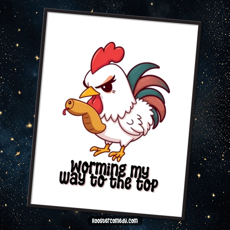 Funny free printable wall art: a rooster gives a sly wink while sneaking a bite of a plump, delicious worm.