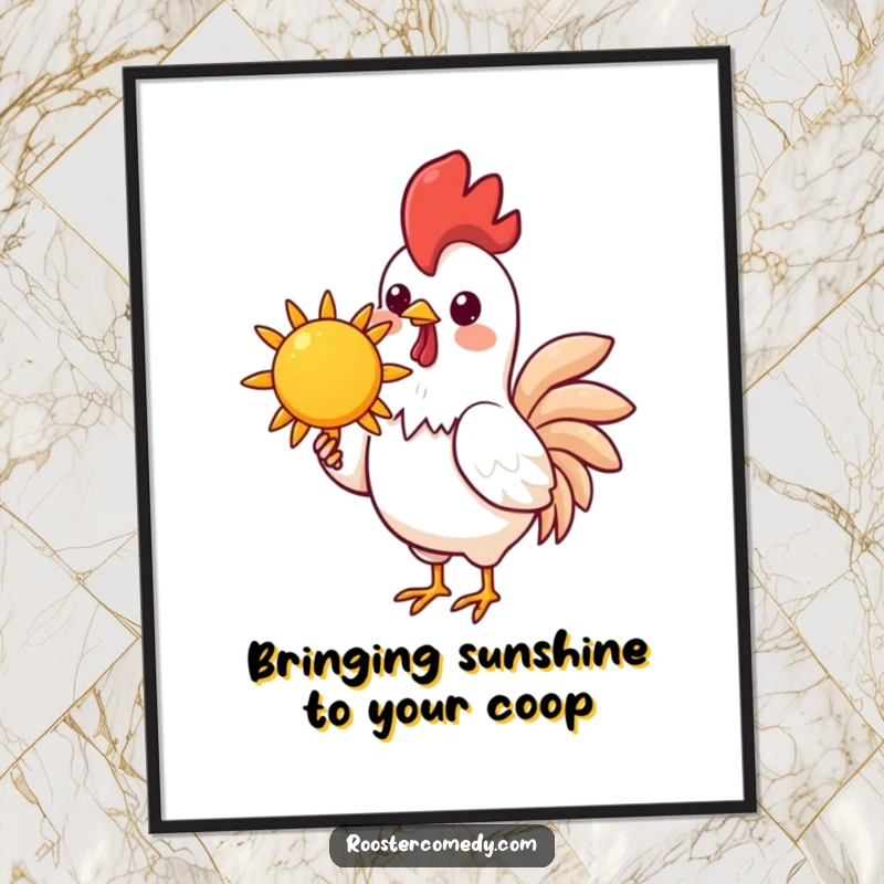 Funny Free Printable Wall Art: Adorable kawaii rooster holding a bright, cheerful sun, spreading downloadable warmth and humor.