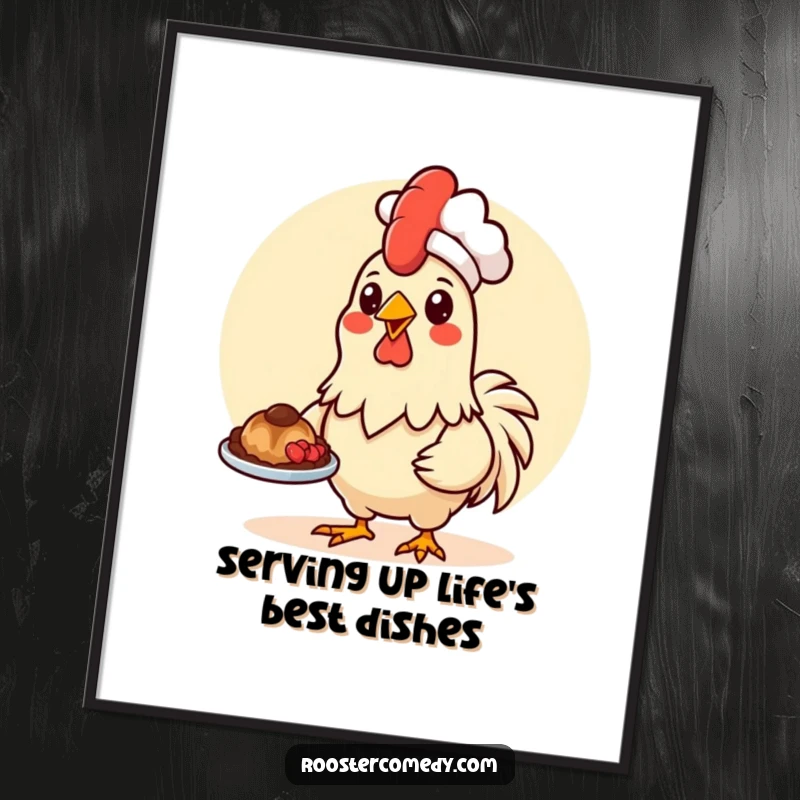 Funny Free Printable Wall Art: A kawaii rooster in a chef hat, proudly presenting a plate of food.