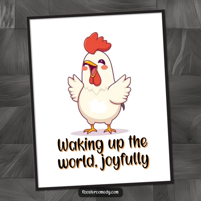 Funny Free Printable Wall Art: A rooster with a wide open beak, joyfully crowing to fill the room with cheerful energy.