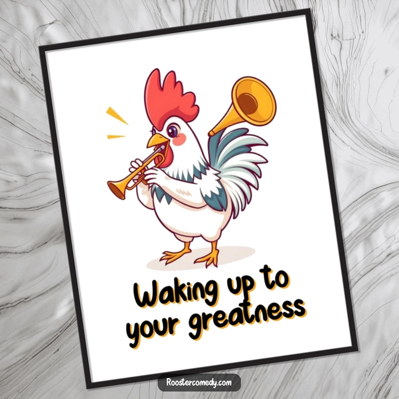 Funny Free Printable Wall Art: A rooster with puffed cheeks plays a tiny trumpet with energetic fanfare, looking hilarious.