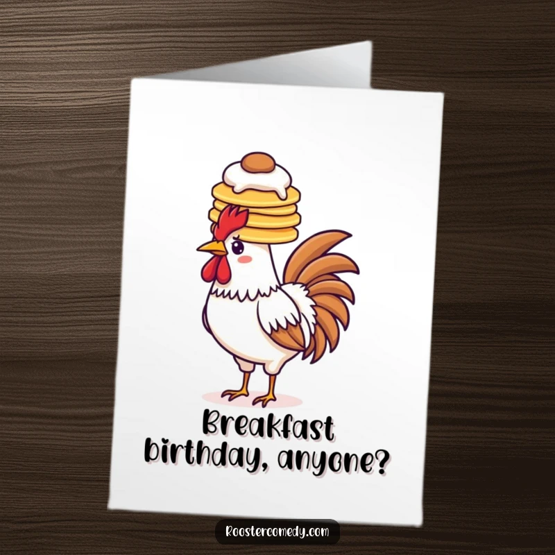 Funny Free Printable Birthday Card featuring a rooster humorously balancing a tall stack of pancakes on its head.