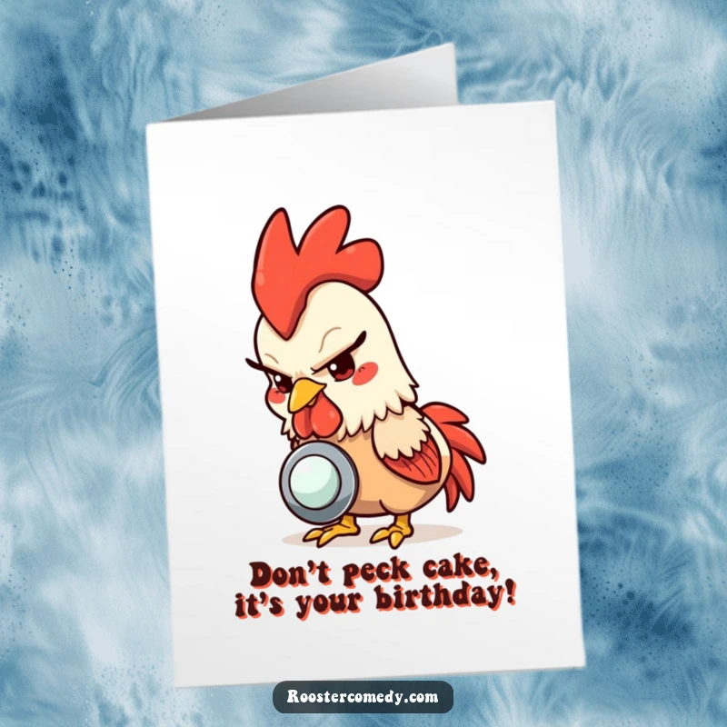 Funny free printable birthday card of a rooster with a mischievous glint in its eye, pecking at a shiny button.