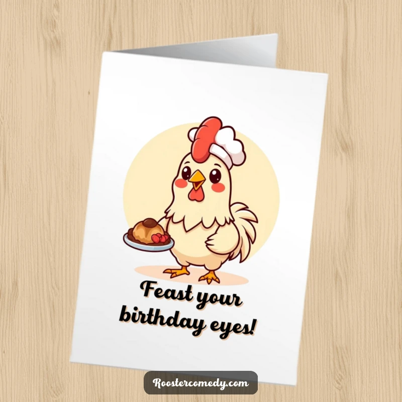 Funny Free Printable Birthday Card: Kawaii rooster in chef hat, presenting food, celebrating a birthday feast.