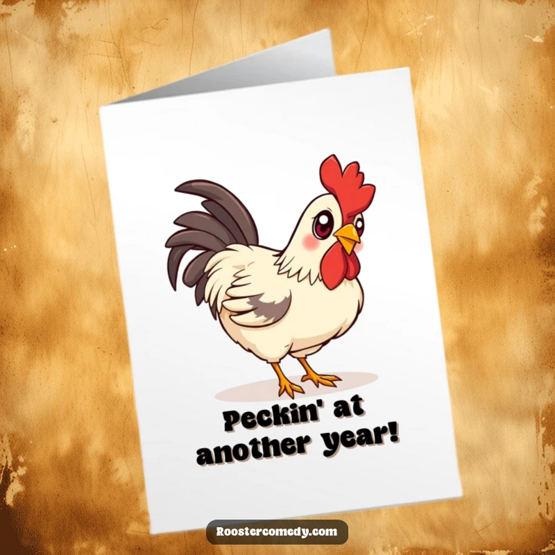 Funny Free Printable Birthday Card: A rooster with bright, curious eyes intently pecking the ground, full of wonder.
