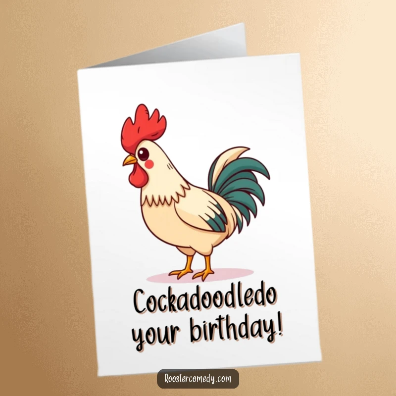 Funny Free Printable Birthday Card: Charming rooster with askew comb whistling happily, ready to celebrate.