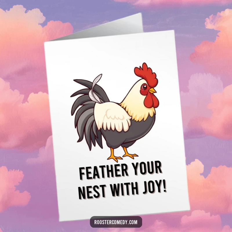 Funny Free Printable Birthday Card: A rooster standing tall, proudly presenting a single, perfect feather.