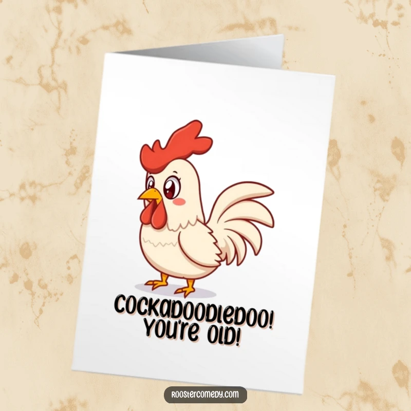 Funny Free Printable Birthday Card: A shocked rooster mid-squawk, eyes wide, feathers ruffled, bringing comic relief.