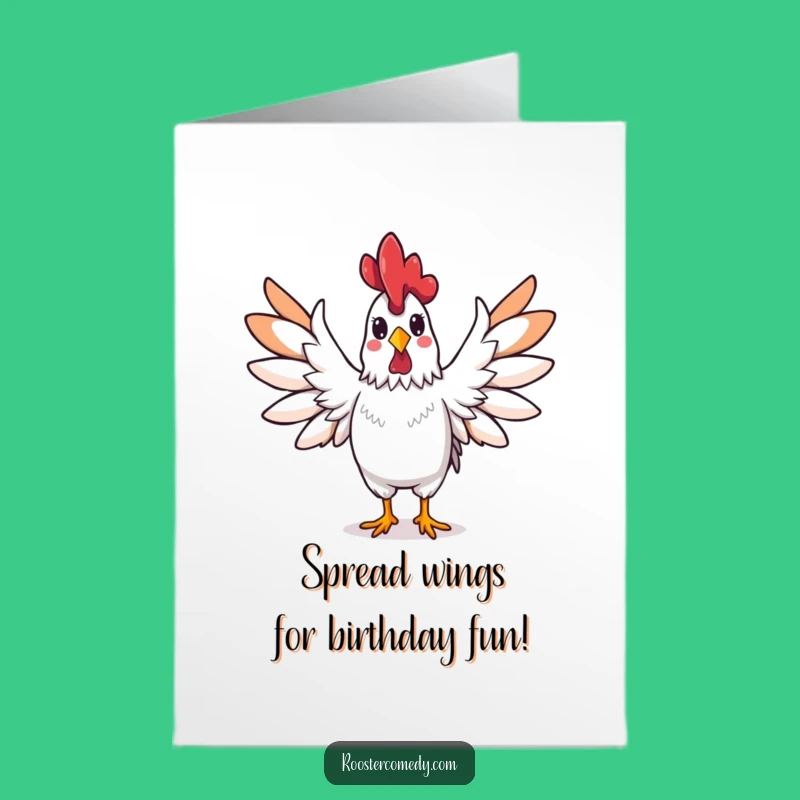 Free Printable Birthday Card: Triumphant Rooster Spreading Wings, Joyful Downloadable Gift