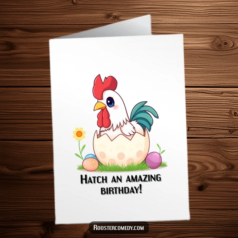 Funny Free Printable Birthday Card featuring a startled rooster popping its wide eyes out of a giant Easter egg.