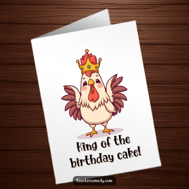 Funny Free Printable Birthday Card: Proud rooster wearing a tiny crown, crowing joyfully for a birthday celebration.
