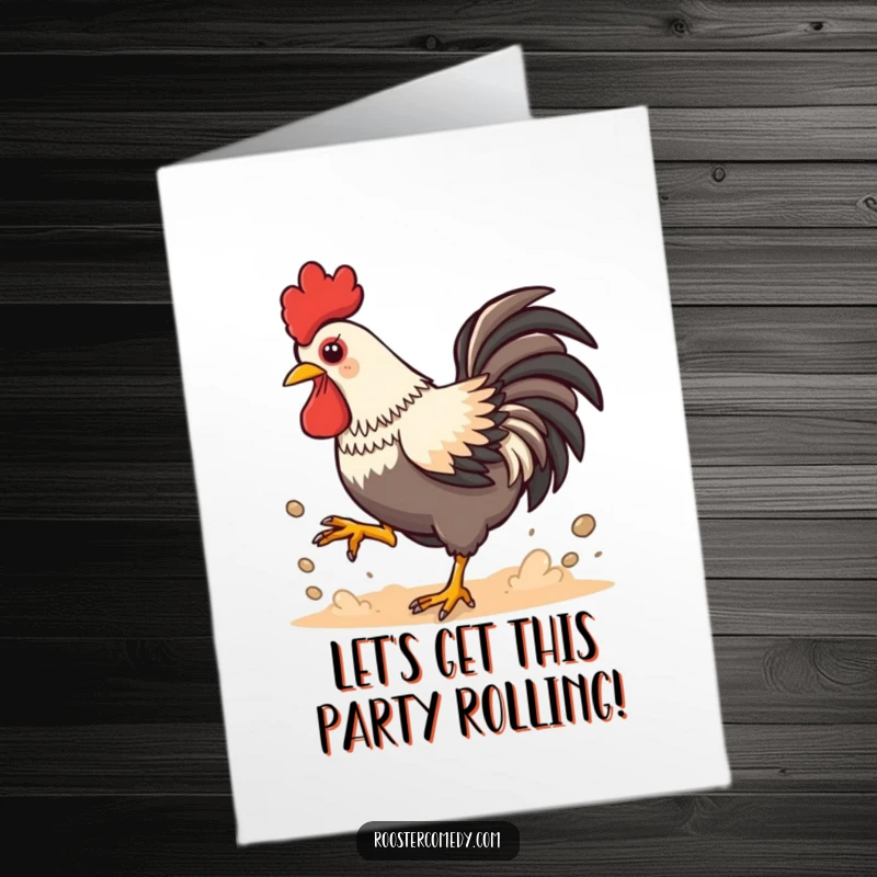Funny Free Printable Birthday Card: Playful Kawaii Rooster kicking up dust energetically, creating a fun mess, a dynamic downloadable gift.