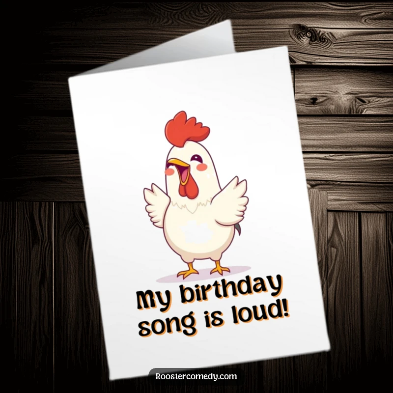 Funny Free Printable Birthday Card: A cheerful rooster with its beak wide open, joyfully crowing a birthday song.