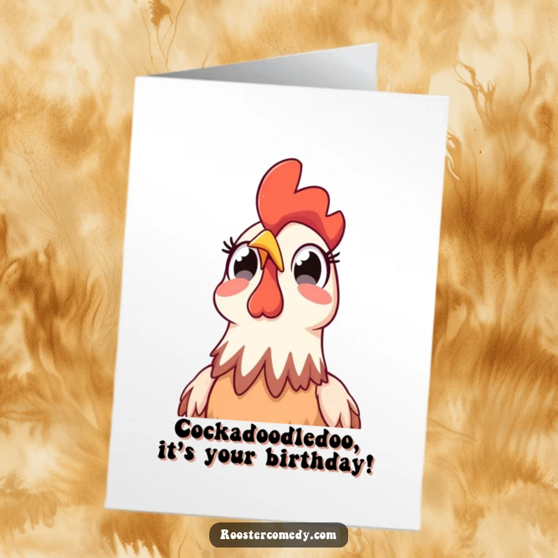 Funny Free Printable Birthday Card: A rooster’s wide, astonished eyes gaze upwards at the vast, blue sky with surprise.