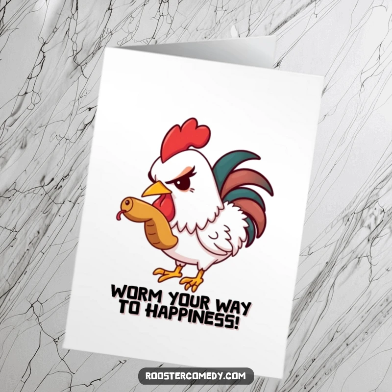 Funny free printable birthday card: a rooster winks slyly while sneaking a bite of a juicy worm.