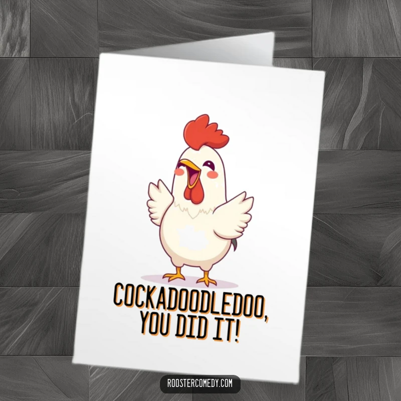 Funny Free Printable Congratulations Card: A rooster with an open beak, enthusiastically crowing to celebrate a wonderful achievement.
