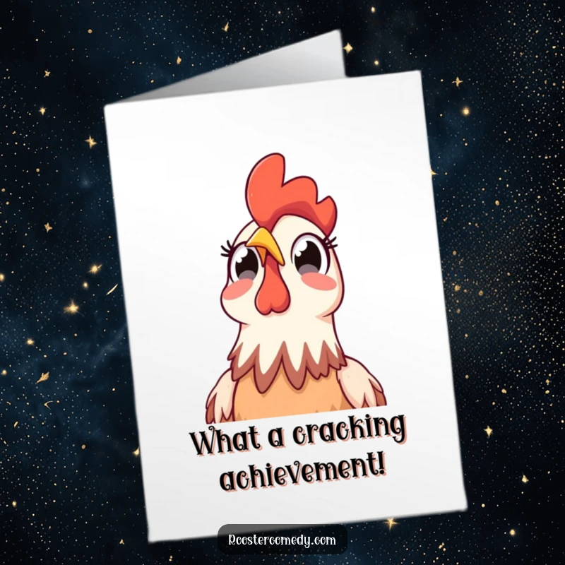 Funny Free Printable Congratulations Card: A rooster with wide, surprised eyes stares upwards, as if witnessing something incredible in the sky.