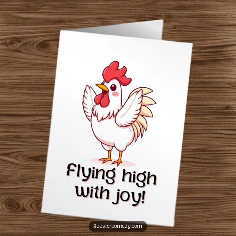 Funny Free Printable Congratulations Card: A rooster joyfully flapping its wings, symbolizing immense excitement and celebration.