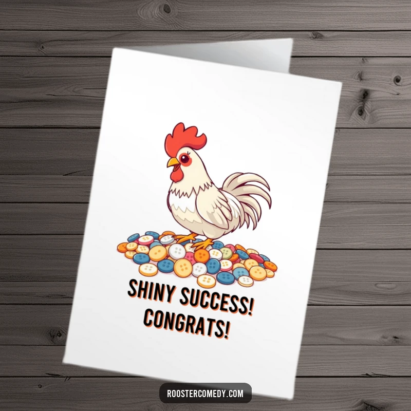 Funny Free Printable Congratulations Card: Rooster pecking happily at a pile of shiny buttons, celebrating success.