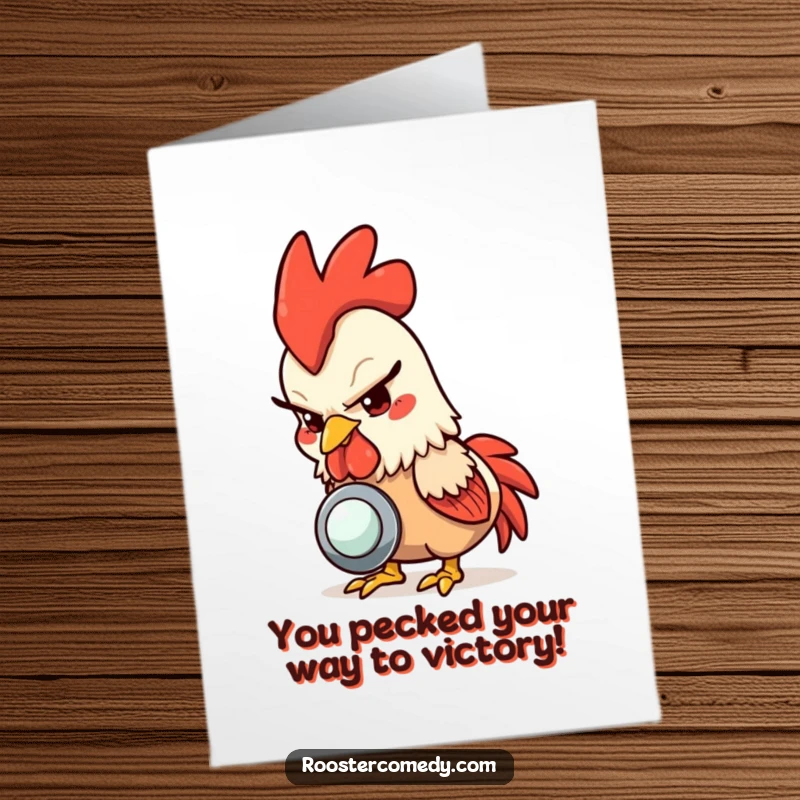 Funny free printable congratulations card of a rooster with a mischievous glint, intently pecking at a shiny button.